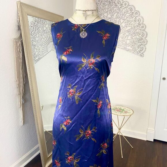 Gap Vintage 90s Witchy Whimsygoth Dark Blue Gray Rose Satin Midi Dress M - Picture 3 of 8